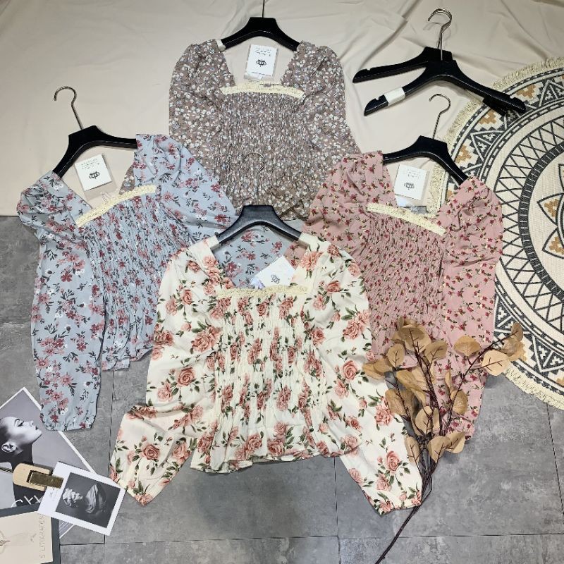 [Mã FAMAYWA giảm 10K đơn 50K] Áo sơ mi kiểu hoa nhí cổ vuông tay bồng tiểu thư | BigBuy360 - bigbuy360.vn