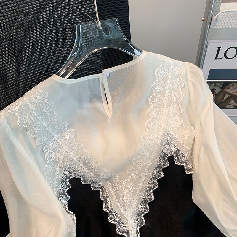 Áo Chiffon Tay Ngắn Phối Ren Phong Cách Pháp Thời Trang Cho Nữ