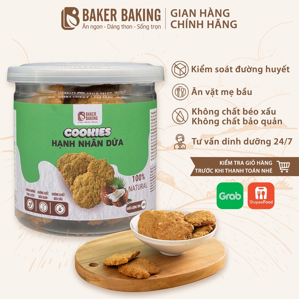 Bánh quy ăn kiêng Baker Baking hạnh nhân dừa phù hợp người eatclean, tiểu đường 100g