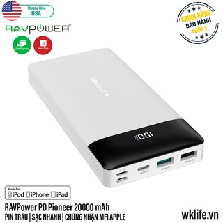 [Mã ELMS4 giảm 7% đơn 500K] Pin Sạc Dự Phòng RAVPower PD Pioneer 20000 mAh Chứng Nhận MFI Apple
