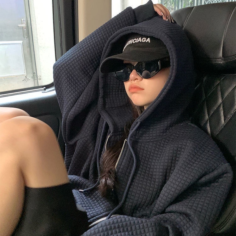 [Spot] Áo khoác len dày dáng rộng có mũ trùm đầu phong cách vibe