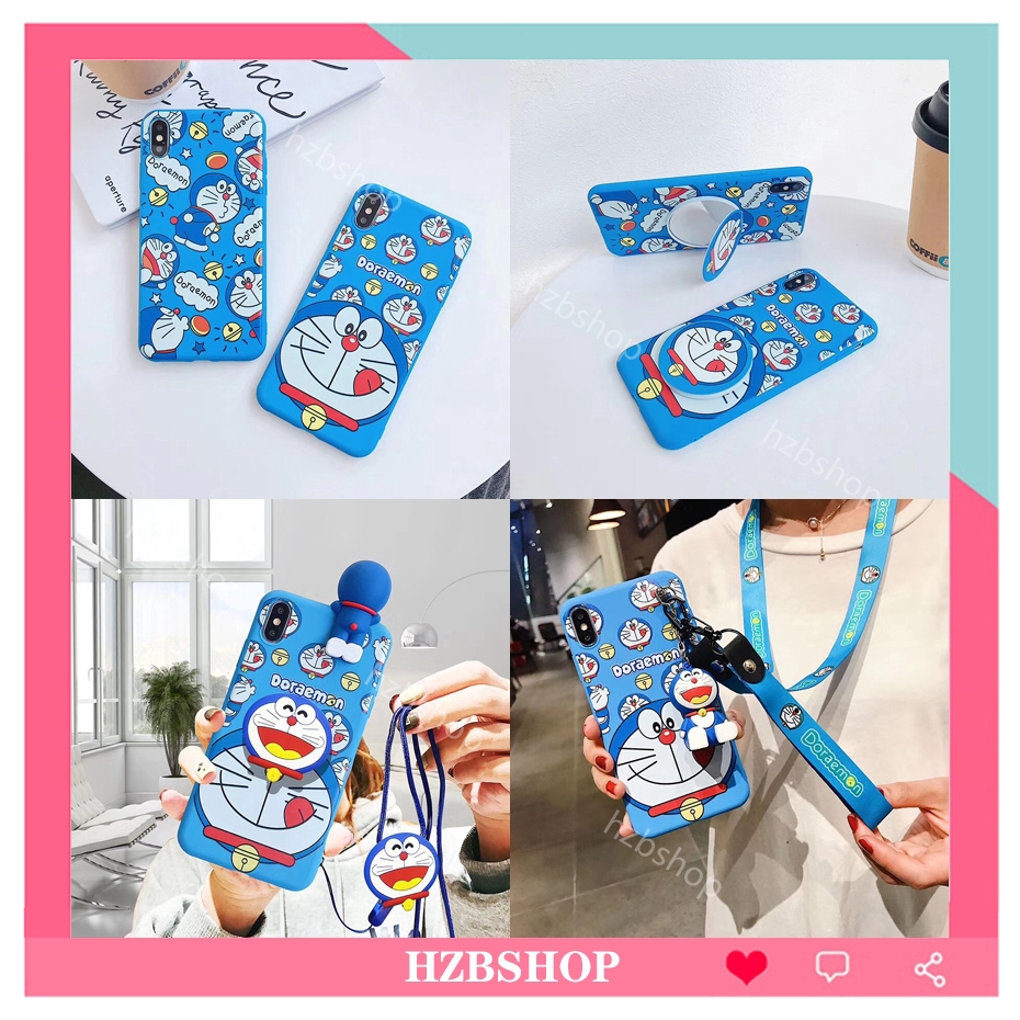 Ốp điện thoại silicon mềm hình Doraemon có dây đeo và gương soi cho Iphone 7 8+ 6 6s+ X Xs Se 2020