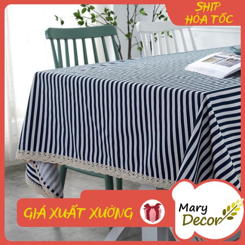 Khăn trải bàn Họa tiết Họa tiết Sọc xanh to viền ren (đủ kích thước) - I07