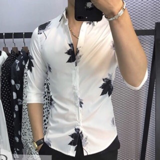 Áo sơmi nam tay dài hoạ tiết lá