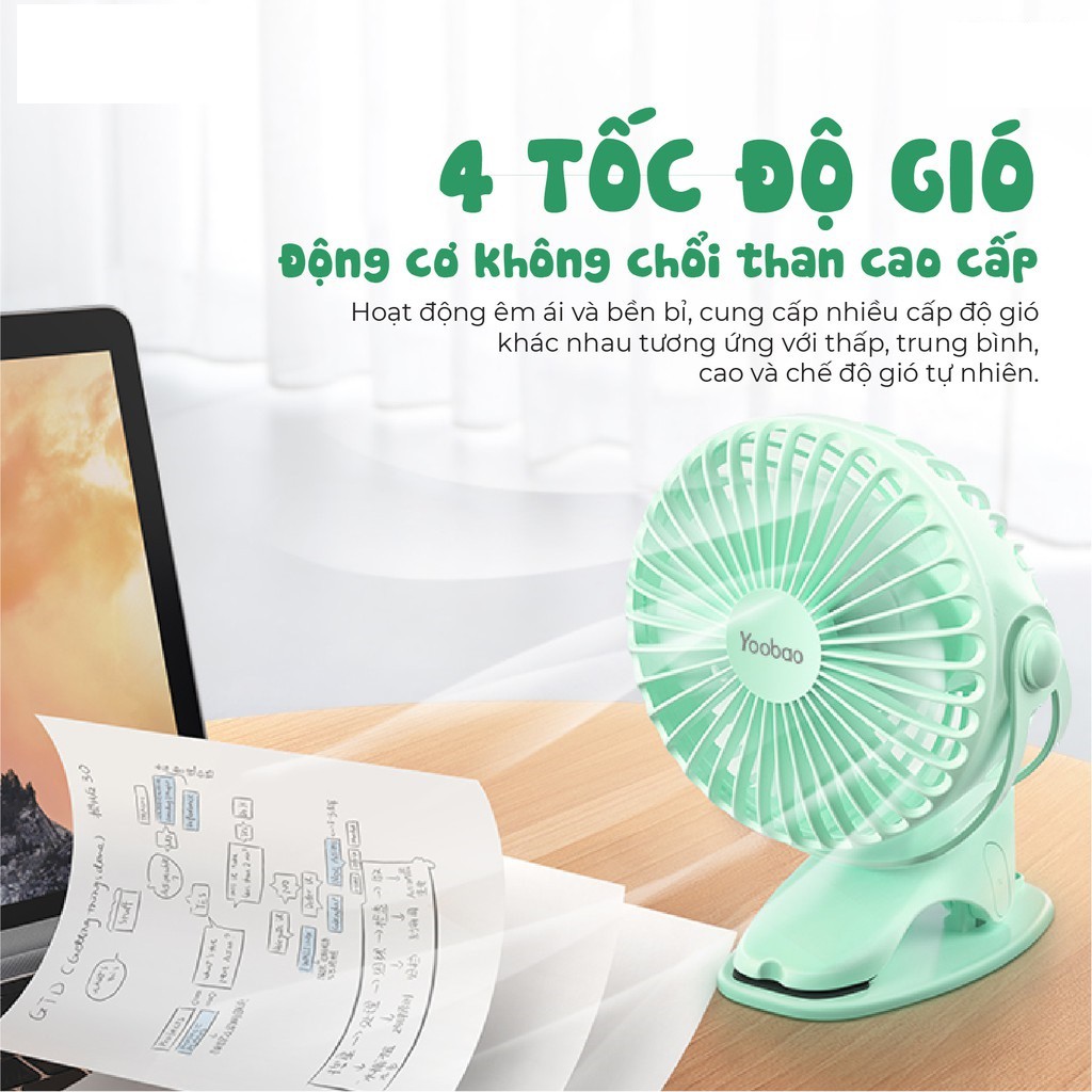 Quạt sạc mini để bàn YOOBAO F04 6400mAh Xoay 720 độ - Chạy 32 giờ liên tục - Hàng chính hãng