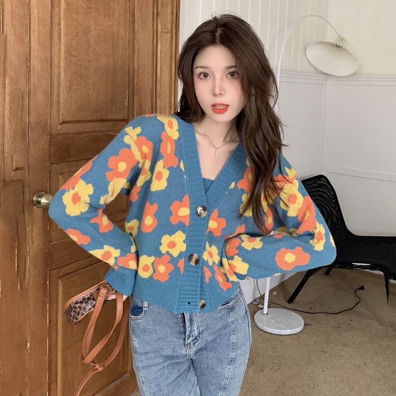 Áo Cardigan Dệt Kim Tay Dài In Hoa Mùa Thu Cho Nữ (Bán Riêng Biệt)