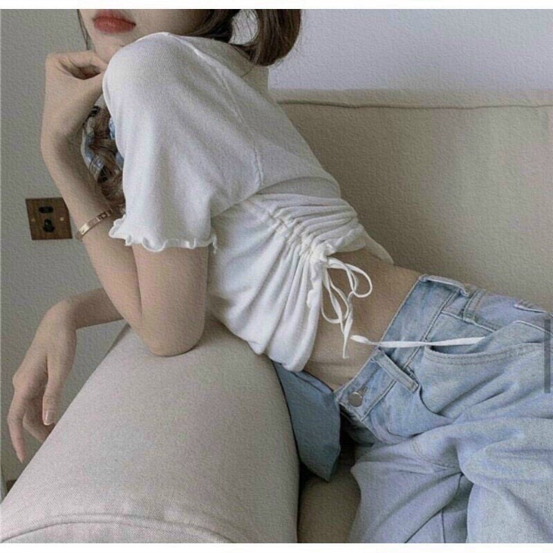 Áo croptop rút dây bên hông cổ v xẻ chất thun gân cực xinh