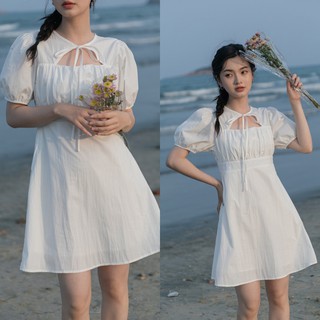 Váy đũi xòe buộc nơ ngực, đầm dáng xòe tay phồng tiểu thư - V10FG