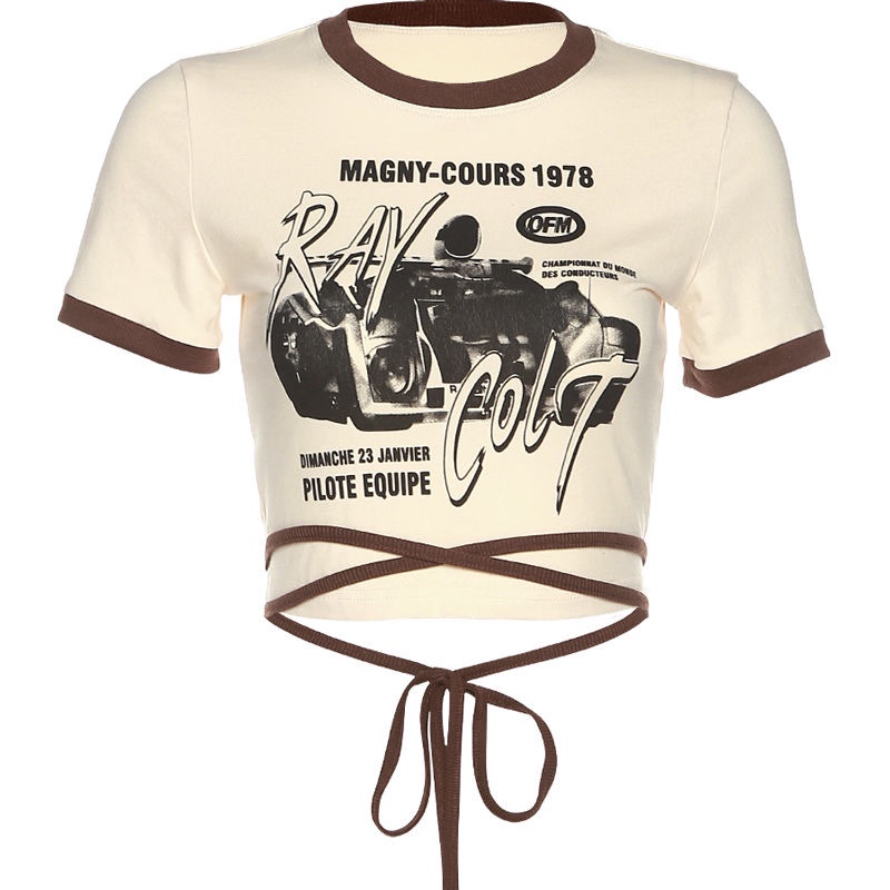 Áo croptop MMIOT tay ngắn cổ tròn thoáng khí in họa tiết thời trang cổ điển đường phố Mỹ đơn giản cho nữ