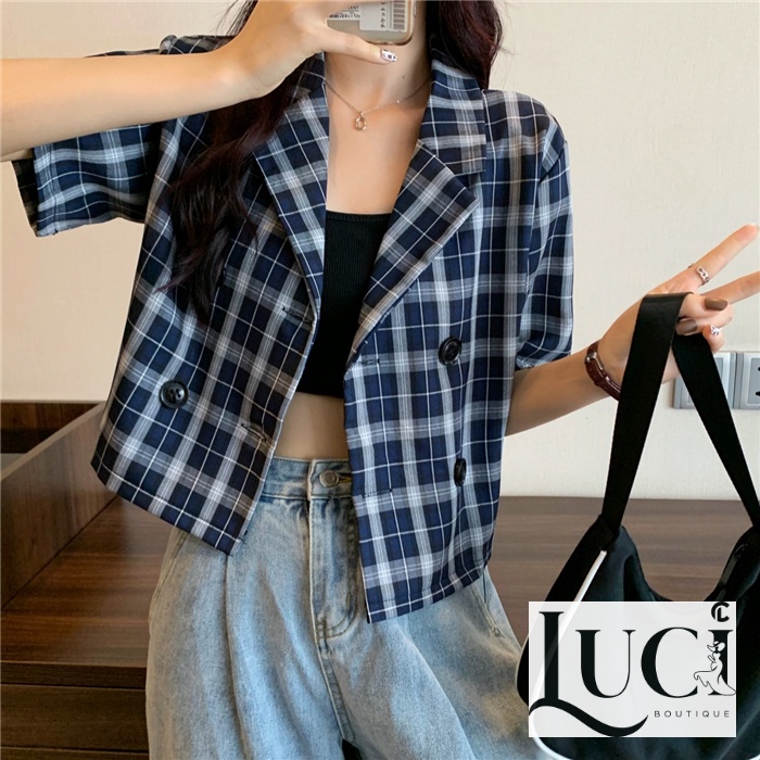 Áo khoác nữ ngắn tay/ Blazer nữ ngắn tay caro xanh | BigBuy360 - bigbuy360.vn