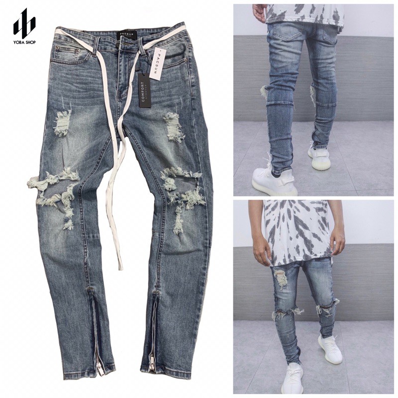 QUẦN JEANS ZIPPER XANH ĐẬM RÁCH GỐI (ảnh thật 100%)