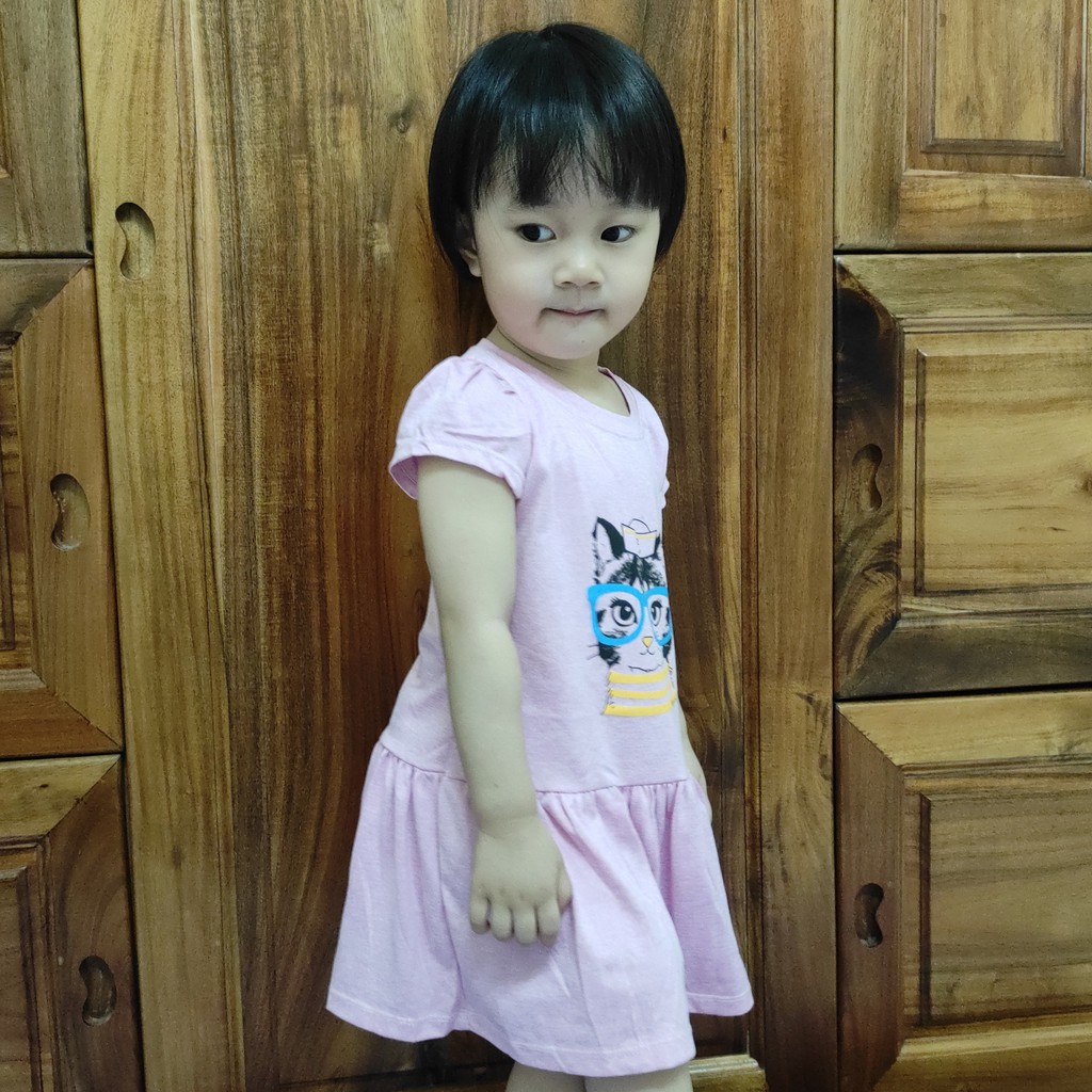 Đầm Thun Chất Thun Cotton Mịn Mát In Hình Mèo Cá Tính Cho Bé Từ 1 Đến 8 Tuổi - Nhiều màu Dexi Shop