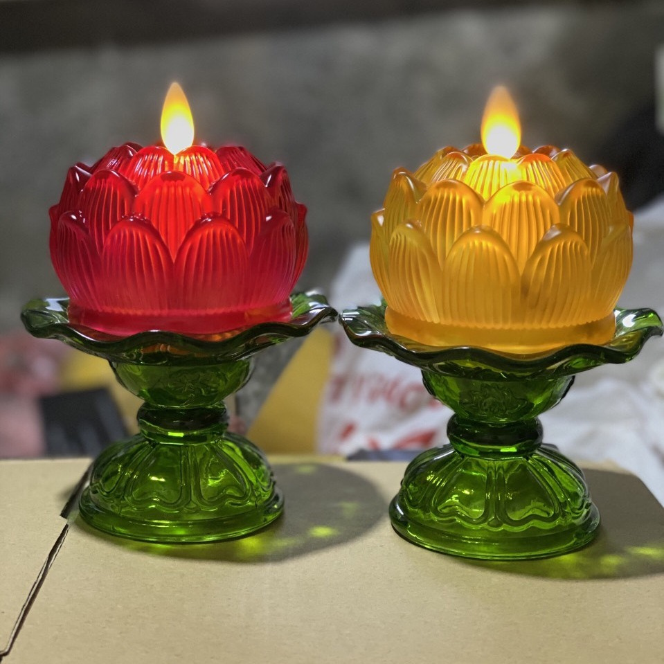 nến điện tử hoa sen thuỷ tinh, đèn lưu ly