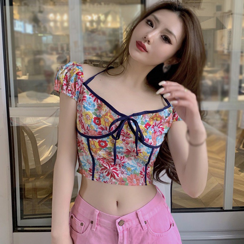 Áo Croptop Tay Ngắn Hoạ Tiết Hoa Thiết Kế Cột Dây Cho Nữ | BigBuy360 - bigbuy360.vn