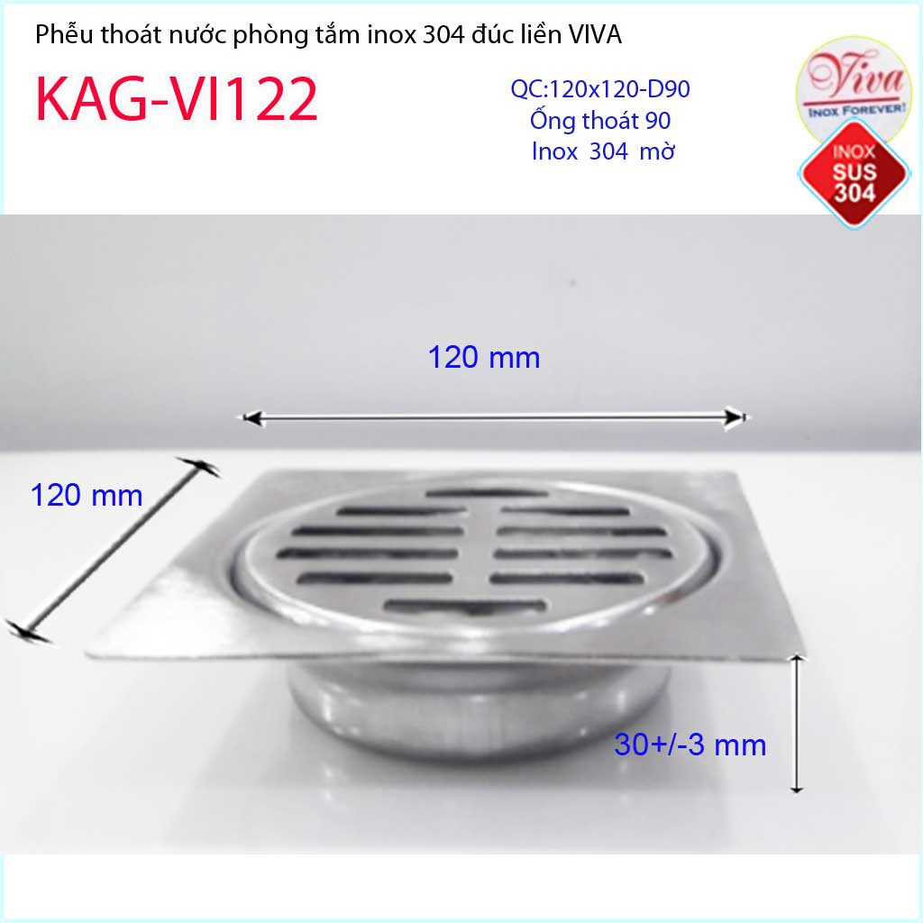 Phễu thoát sàn chống mùi hôi inox 304, thoát sàn Viva 1290 KAG-VI122