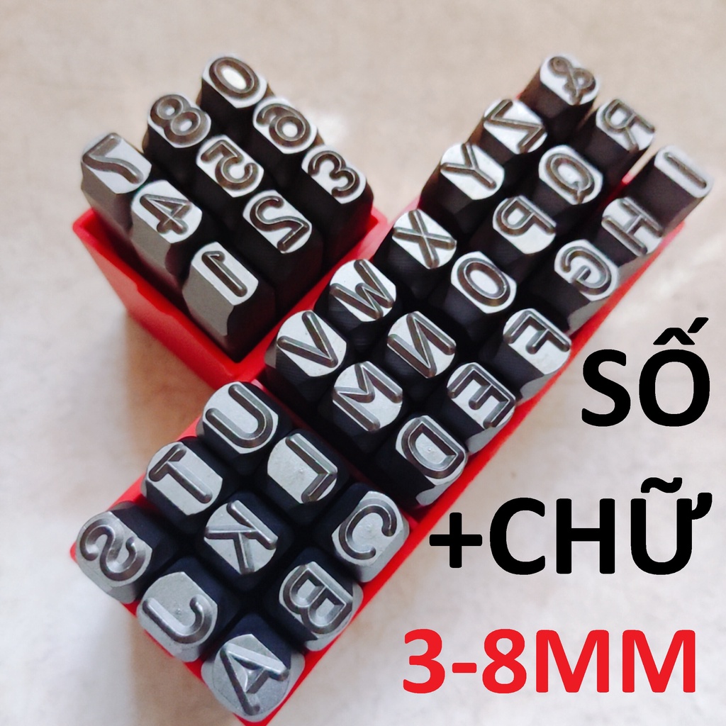 Combo bộ đóng số + chữ 3mm/4mm/5mm/6mm/8mm, chất liệu hợp kim thép, đóng trên kim loại