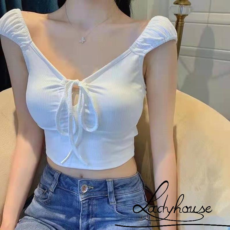 Áo Croptop Dệt Kim Tay Ngắn Màu Sắc Trơn Cột Dây Phía Trước Gợi Cảm Cho Nữ