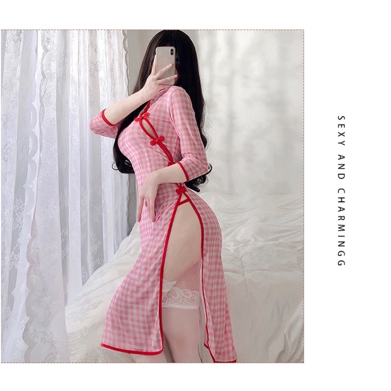 YT1499 Cosplay Nữ Sinh Cổ Trang Trung Hoa - Sườn Xám Kẻ Hồng Gợi Cảm | BigBuy360 - bigbuy360.vn