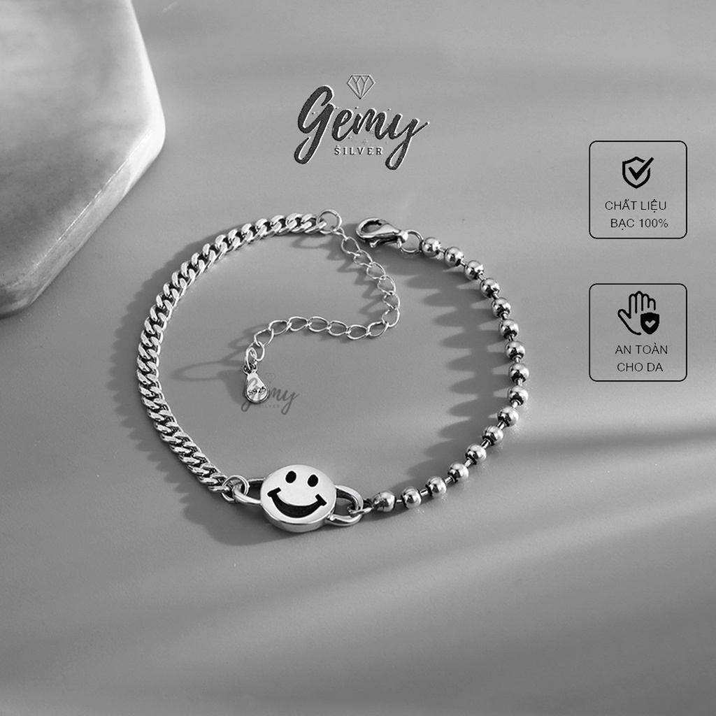 Vòng tay nam bạc lắc hình mặt cười thiết kế dây mắt xích độc đáo, unisex Smile | GEMY SILVER VTN2