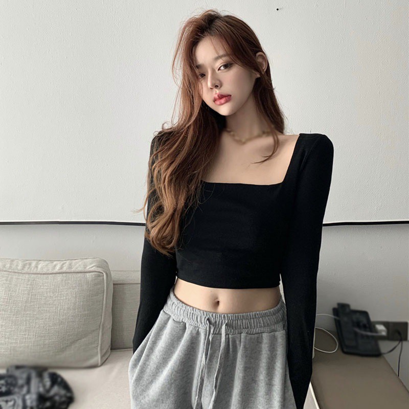 Áo thun lửng cổ vuông tay dài phong cách Hàn Quốc cho nữ