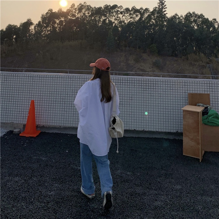 Áo sơ mi tay dài dáng rộng màu trắng/ xanh dương tùy chọn phong cách Hàn Quốc thời trang mùa thu cho nữ