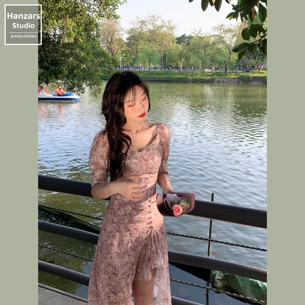 Váy Hoa Nhí Màu Tím Tay Phồng Dáng Chữ A Style Ulzzang Có Khóa Lưng Hai Lớp Hanzars.studio 3