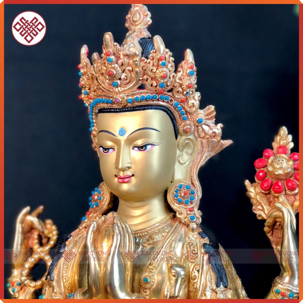 Tượng Phật Quan Âm Tứ Thủ Mật Tông [Kim Cương Hỷ Lạc] Nepal Cẩn Đá 33Cm