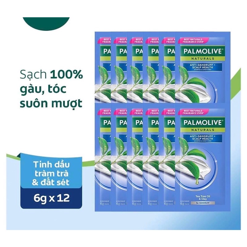 [Mới] Bộ 12 gói dầu gội Palmolive/ Men có dầu xả làm sạch gàu từ tinh dầu tràm trà và đất sét/ than tre 6g/gói
