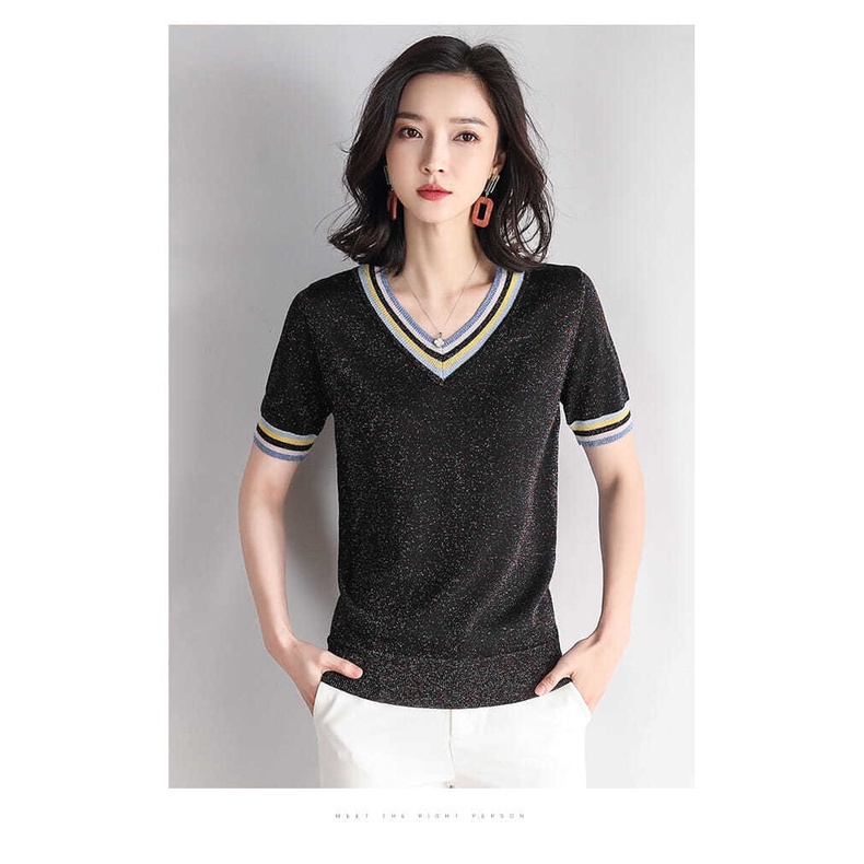 Áo Thun Lụa Dệt Kim Tay Ngắn Cổ Chữ V Thời Trang Dành Cho Nữ
