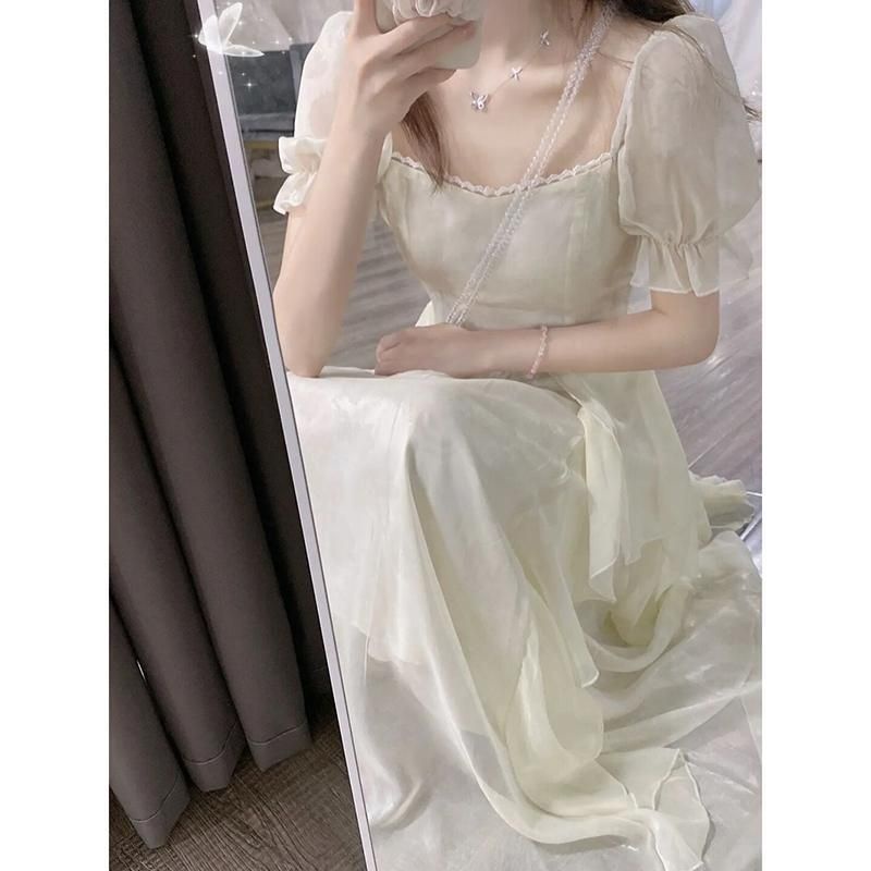 Váy babydoll Đầm Chiffon Cổ Vuông Tay Phồng Phong Cách Pháp Cổ Điển Kiểu Mới 2022