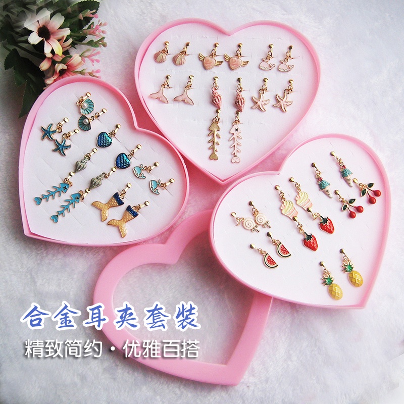 Bộ 7 Đôi Khuyên Tai Kẹp Hình Trái Tim Hoạt Hình Màu Vàng Chống Dị Ứng Phong Cách Hàn Quốc Cho Bé Gái