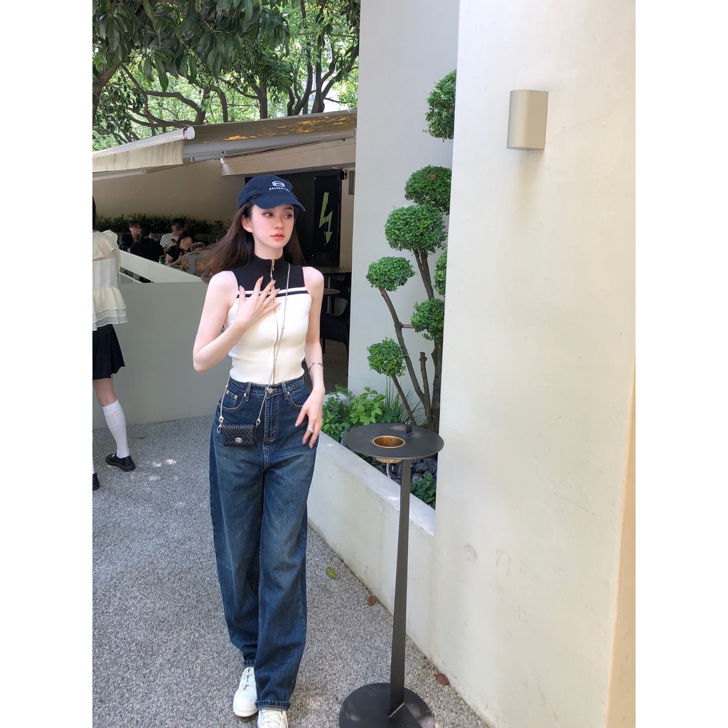 Áo Croptop Dệt Kim Sát Nách Phối Khóa Kéo Màu Sắc Thời Trang Mùa Hè Cho Nữ