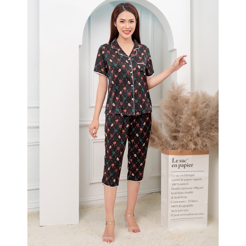 Bộ pijama lửng Lụa Nhật cao cấp Hoa Việt