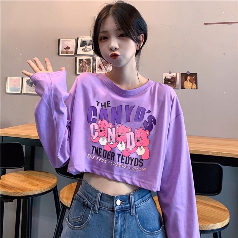 Áo Croptop Tay Dài in chữ (tím-trắng)