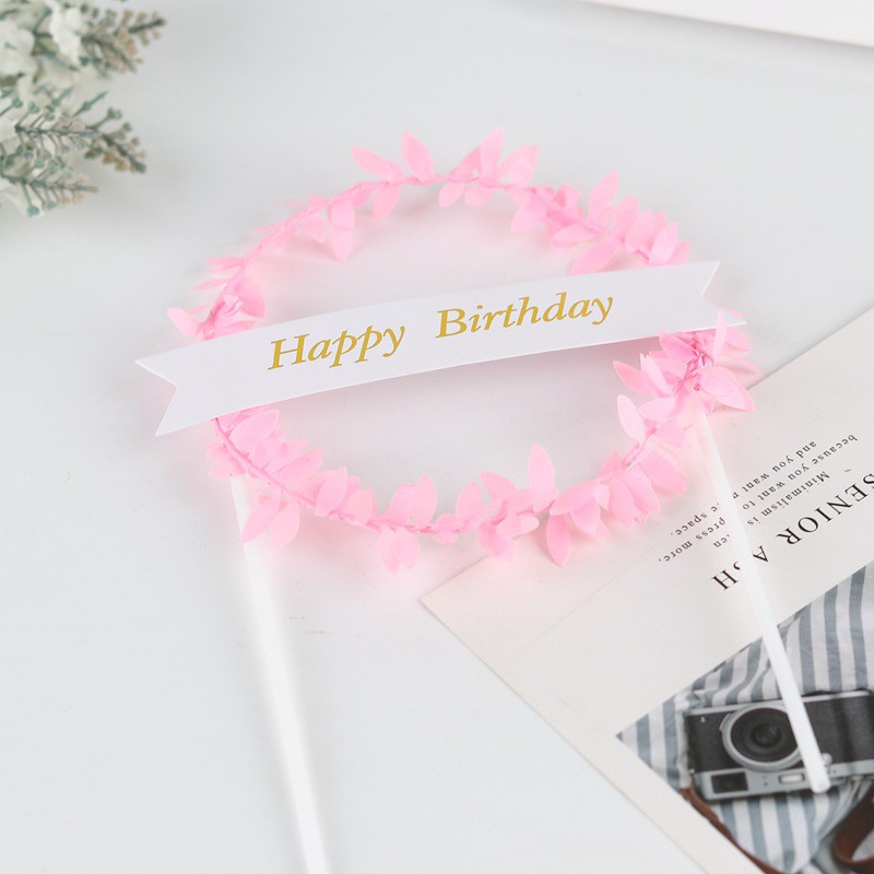 Que Cắm Vòng Hoa Lá Happy Birthday trang trí bánh kem, phụ kiện bánh sinh nhật