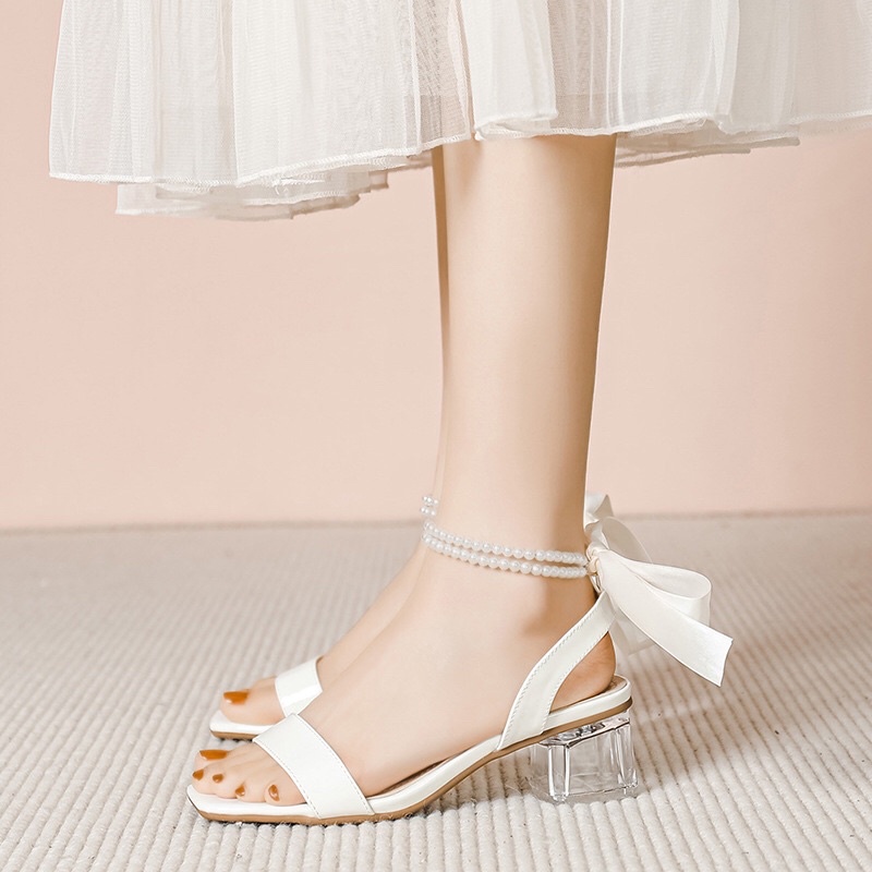 Giày sandal nữ quai 1 bản gót vuông 3p phối hạt cườm nơ sau cực xinh mã V62