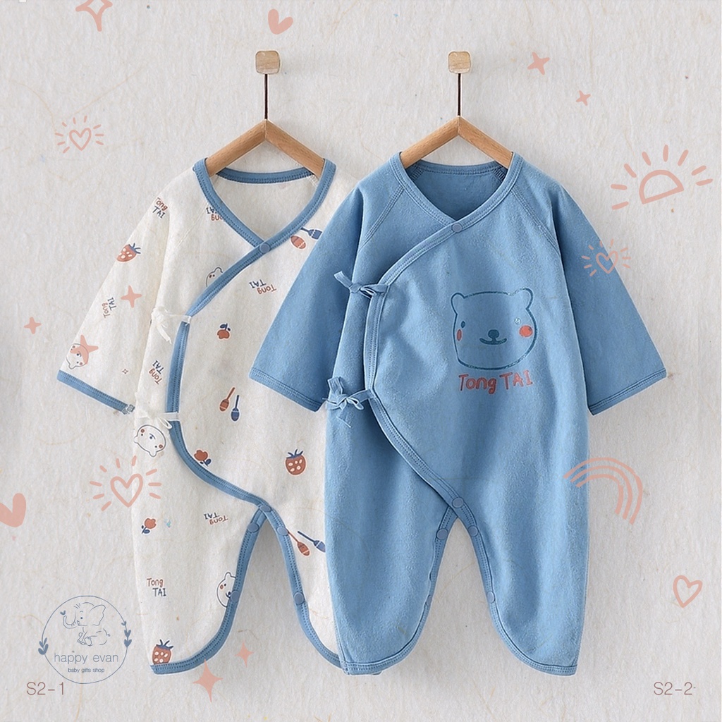 [Freeship] [Auth TONGTAI] sleepsuit vạt chéo dây rút, nút cài đáy quần, hoạ tiết dễ thương, 100% cotton mềm.