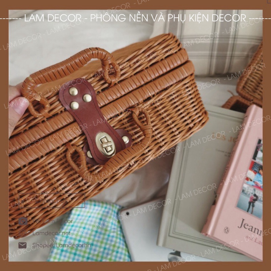 Vali mây vintage quai da cao cấp siêu xịn