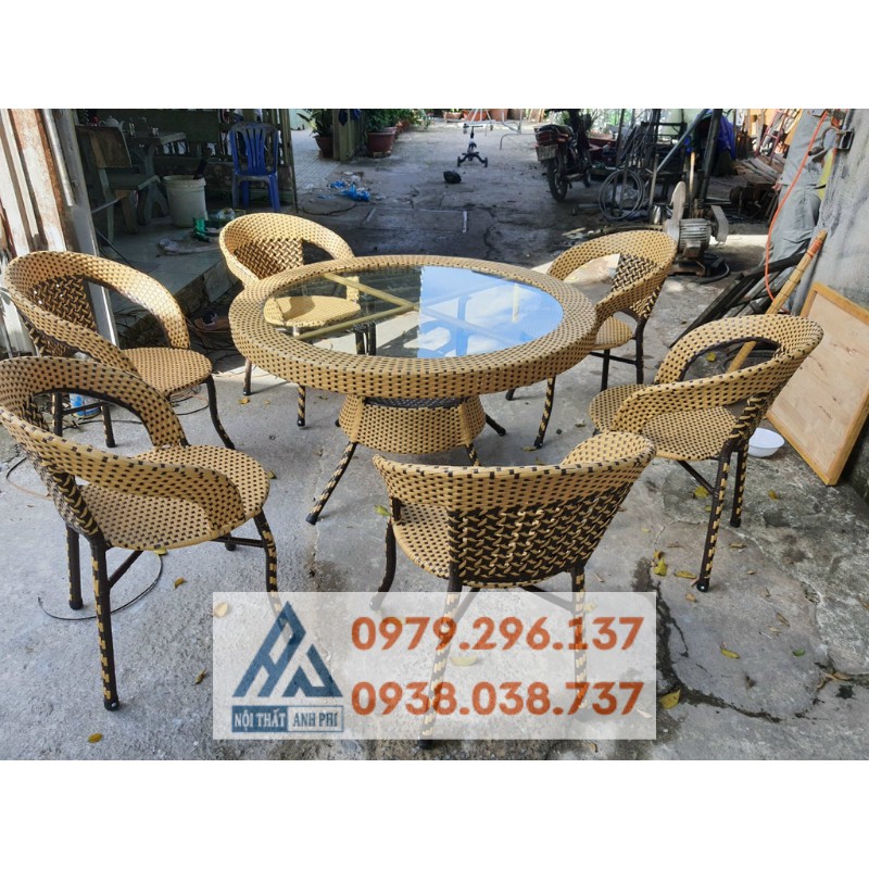 Bàn ghế cafe nhựa giả mây 6 ghế giá rẻ hạt dẻ