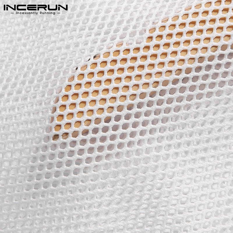 Áo thun tay ngắn INCERUN dáng rộng kiểu lưới phối tua rua thời trang mùa hè cho nam