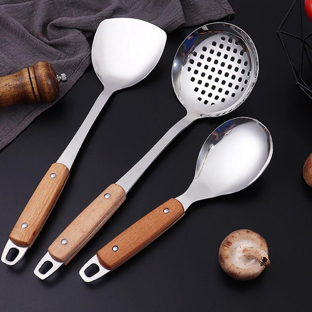 Muỗng Nấu Ăn Bằng Thép Không Gỉ Tay Cầm Bằng Gỗ Chịu Nhiệt