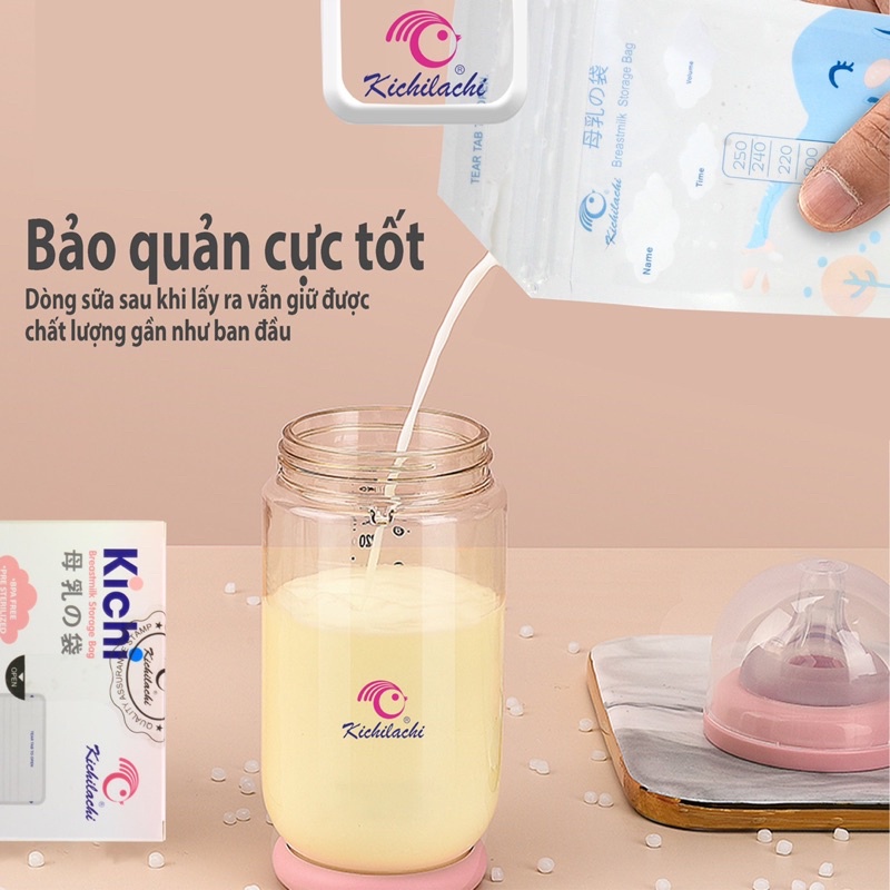 Túi trữ sữa 250ml Kichilachi hình chú voi, túi đựng sữa khóa ziper chắc chắn - 50 Túi/Hộp