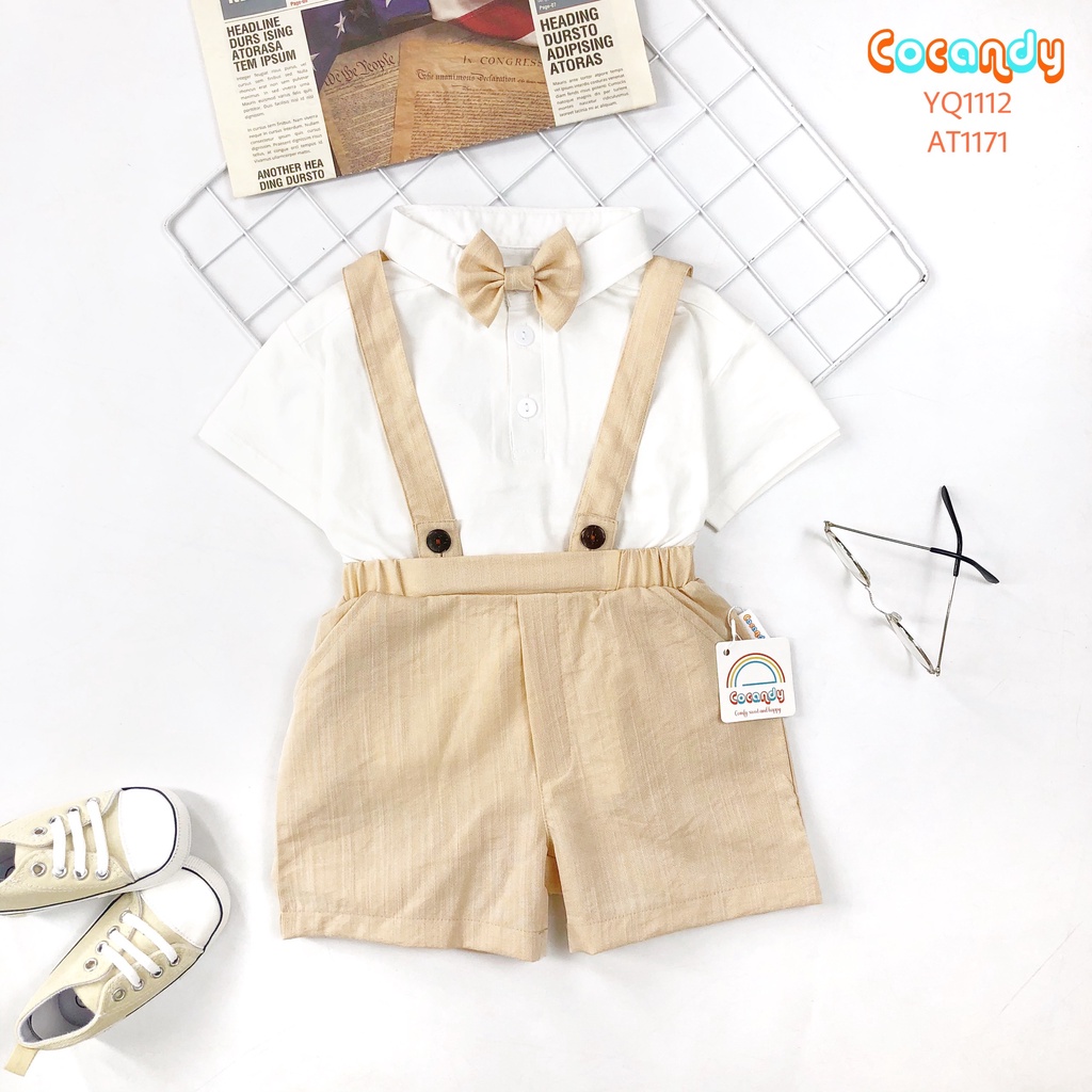 Set đồ cho bé- Áo thun trắng có cổ và yếm quần công tử ghi kèm nơ cho bé của COCANDY mã AT117100, YQ111103