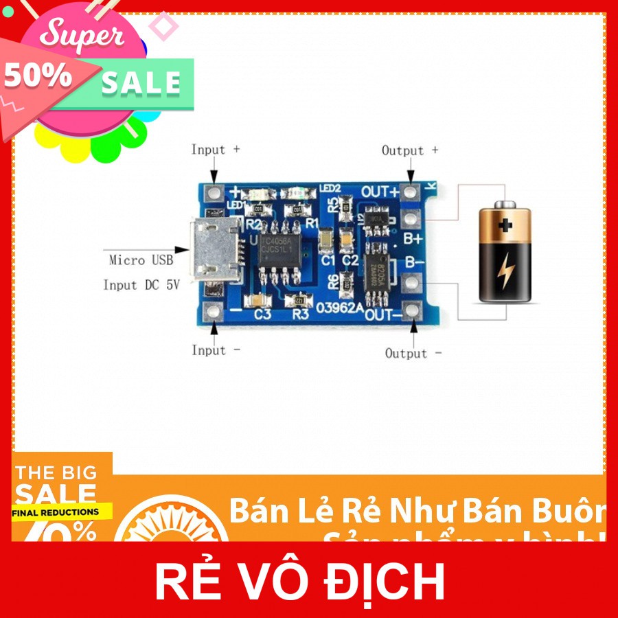 Mạch sạc pin lithium 18650 TP4056 1A – Có bảo vệ