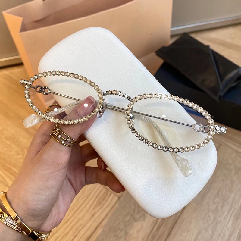 Kính Mát Gọng Oval Kim Loại Đính Đá Thời Trang Cho Nữ