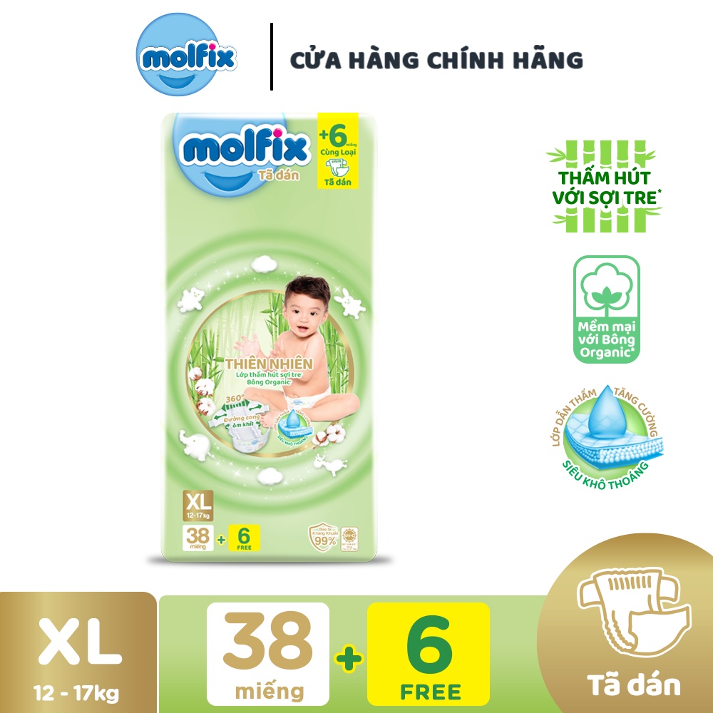 Tã/bỉm dán Molfix Thiên nhiên Jumbo XL (12kg – 17kg)- Gói 38+6 miếng