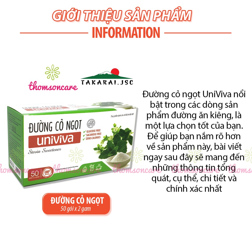 Đường ăn kiêng từ Cỏ ngọt, cho người tiểu đường, béo phì, mỡ máu cao, tạo ngọt thấp calo - Hộp 50 gói Univiva