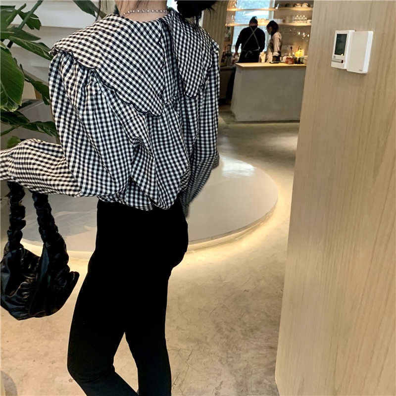 Áo sơ mi tay dài cổ búp bê họa tiết kẻ sọc phong cách retro đáng yêu cho nữ