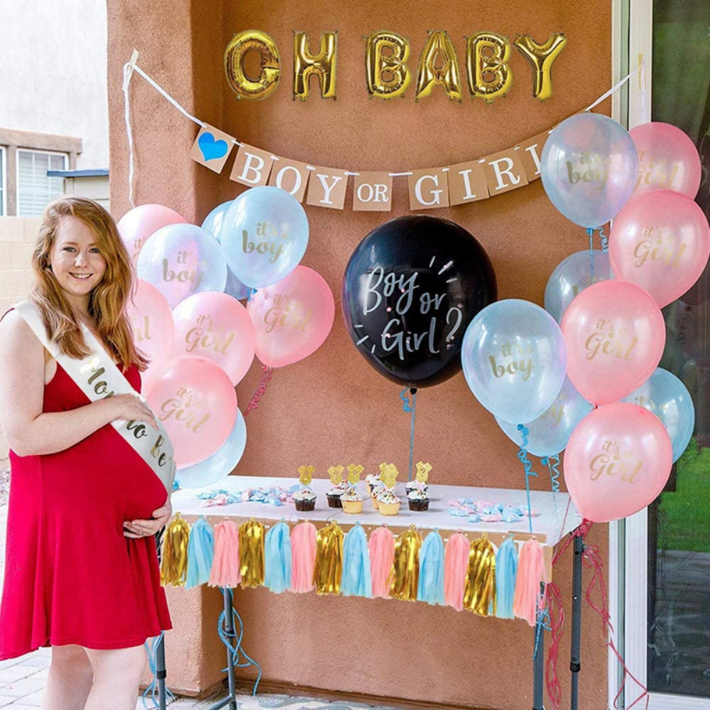 Bộ bong bóng 91.44 cm in chữ "Boy or Girl" có hoa giấy màu hồng và lam dùng cho trang trí tiệc sinh nhật / tiệc cưới