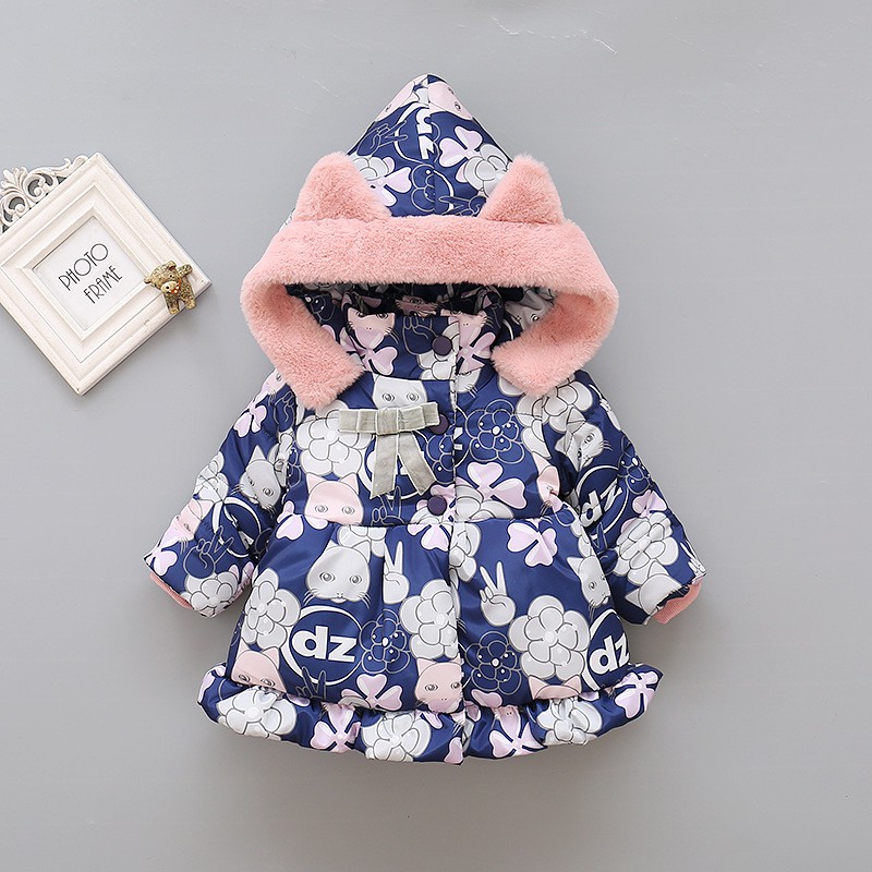 Áo Khoác cotton Dài Tay Có Mũ Trùm Đầu Giữ Ấm Mùa Đông In Họa Tiết Hoa Ngọt Ngào Thời Trang Cho Bé Gái